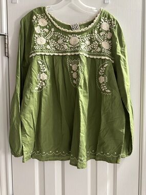 Sister Mary Olive Green Embroidered Boho Blouse L Cottagecore Prairie Cotton